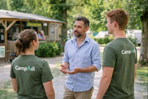 Campsite owner talking with staff wearing Campadi shirts during the camping season