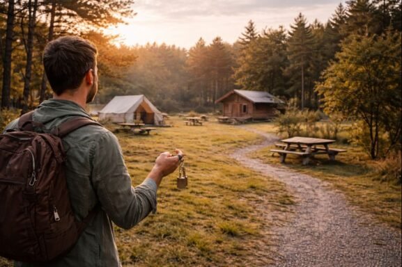 New campsite owner standing at the entrance of a newly acquired campground