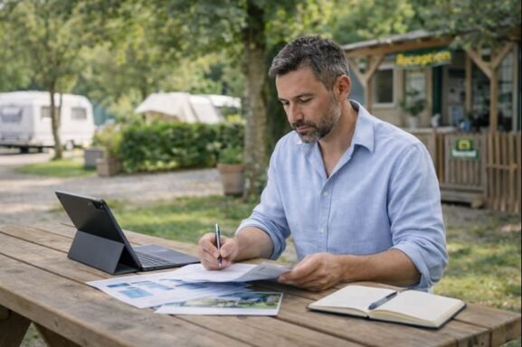 Campsite owner reviewing documents at a picnic table near the reception building