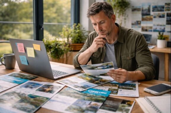 Campsite owner reviewing multiple options while making decisions
