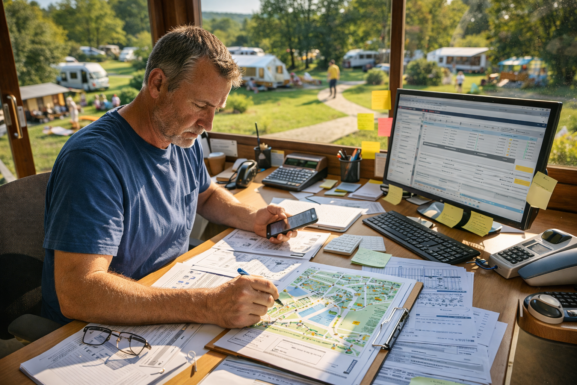 Campsite owner managing operations and planning improvements at a campsite reception