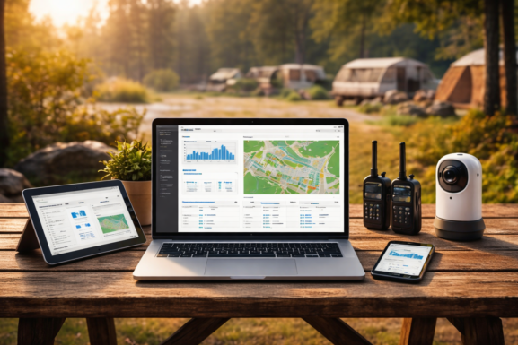 Camping technology tools on a campsite table including laptop tablet and communication devices used for campground management