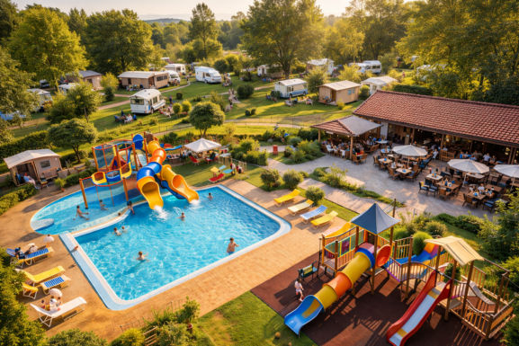 Family campsite with swimming pool and playground showing facilities that increase guest stays