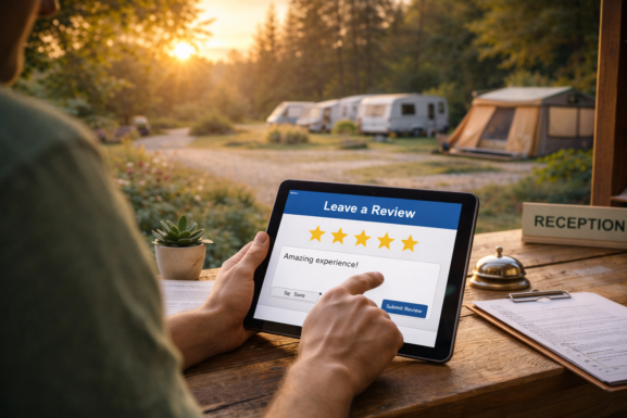 Guest writing a positive camping review on a tablet at a campsite reception desk