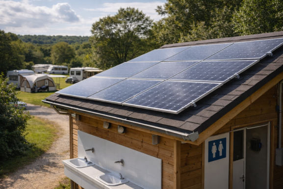 Solar panels installed on a campsite sanitary building to reduce energy costs