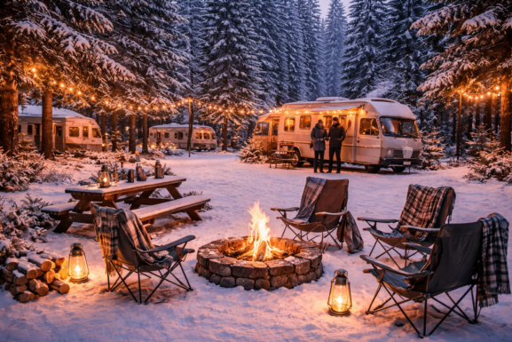 Campsite open during off season with camper and quiet surroundings