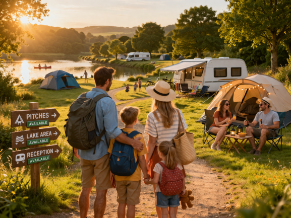 Family choosing a campsite and setting up their holiday stay