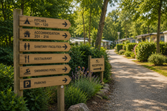 Clear wooden campsite signage guiding guests through the park