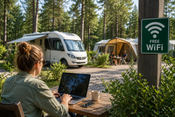 Woman working outdoors at a campsite with reliable campsite WiFi connection