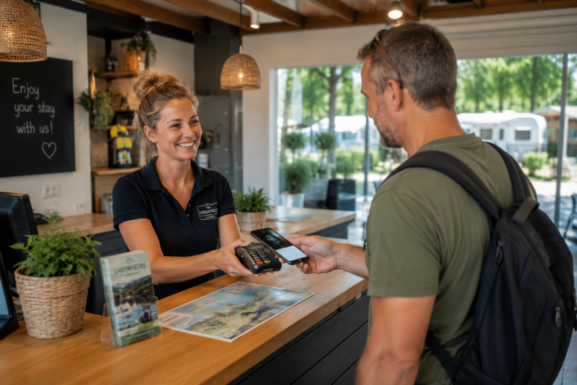 Guest making a contactless payment at a campsite reception