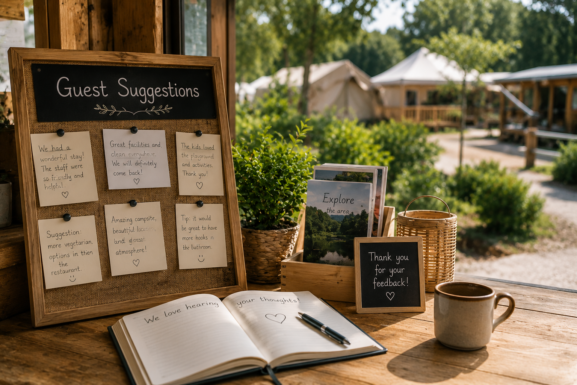 Guest feedback board at a campsite reception area