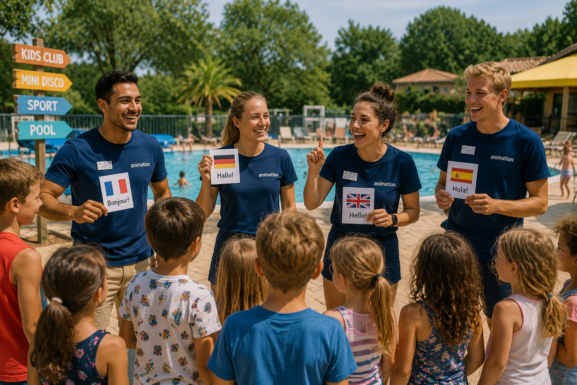 Multilingual animation team entertaining international guests at a campsite