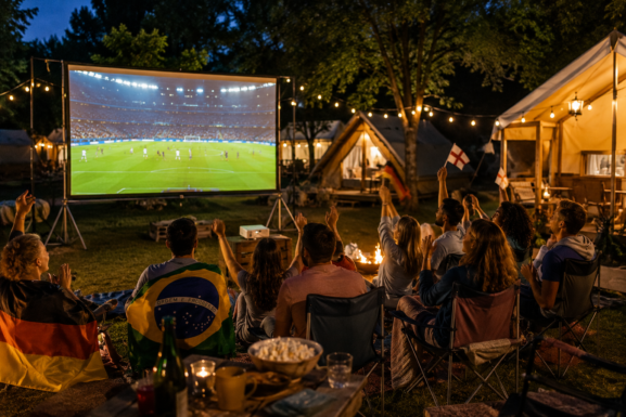 Camping guests watching a football match on an outdoor screen
